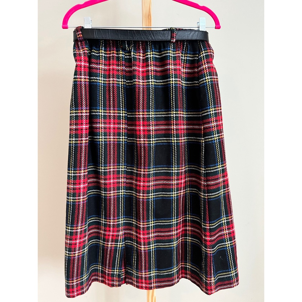 Vintage Kay Warner Plaid Wool Blend Midi Skirt Red Black Tartan Size 12